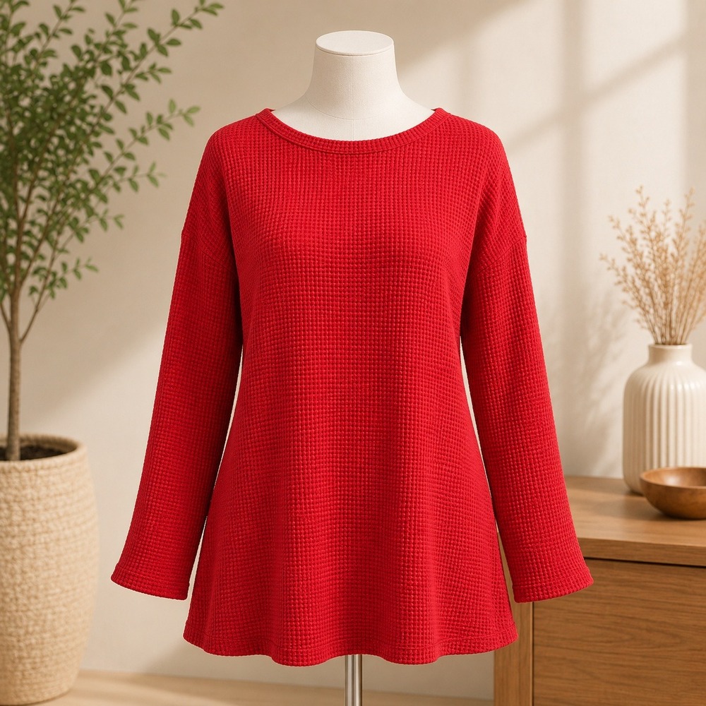 NWT Cupshe Waffle Knit Sweater Womens XL Red Long Sleeve Crew Neck Pullover